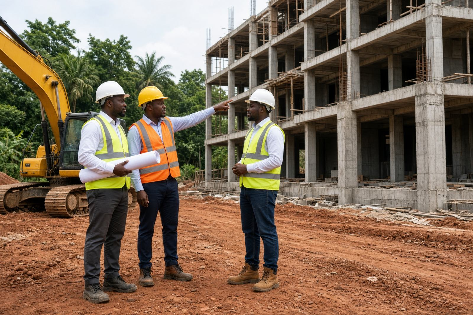 Nigerian engineers in hard hats and reflective vests on a construction site beside an excavator