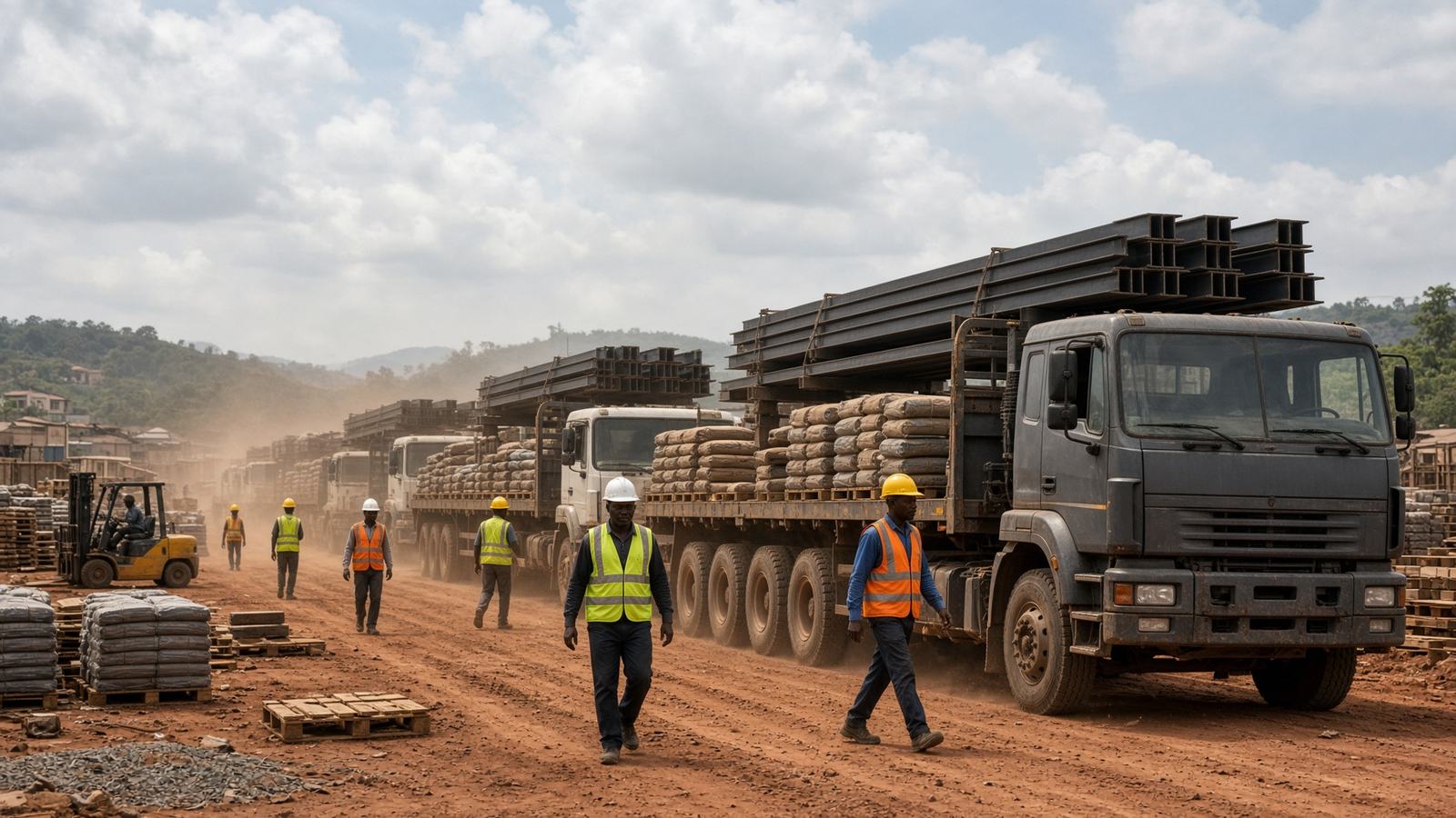Haulage trucks loaded with construction materials in a Nigerian industrial yard