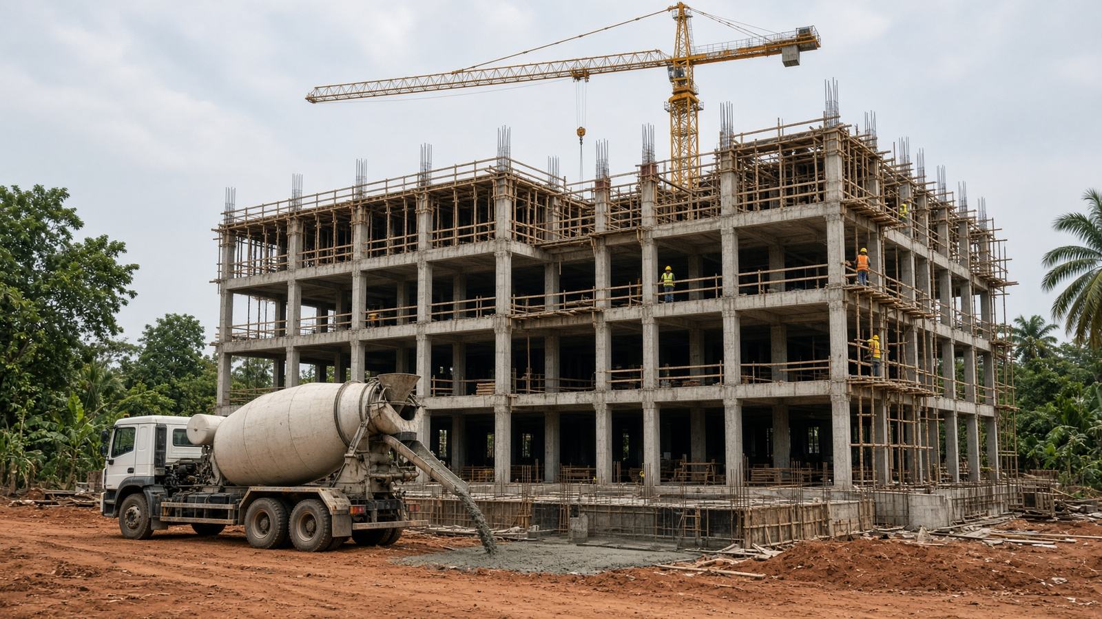 Concrete-framed building under construction with a tower crane in Nigeria