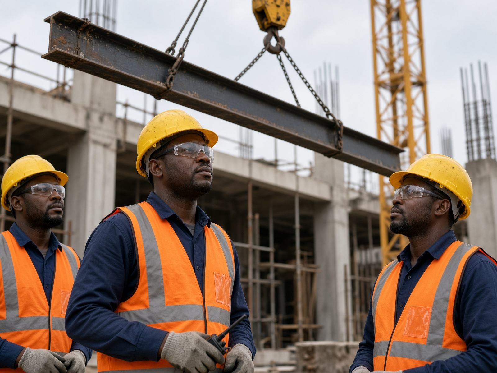 Construction workers in PPE supervising a crane lift on a Nigerian building site