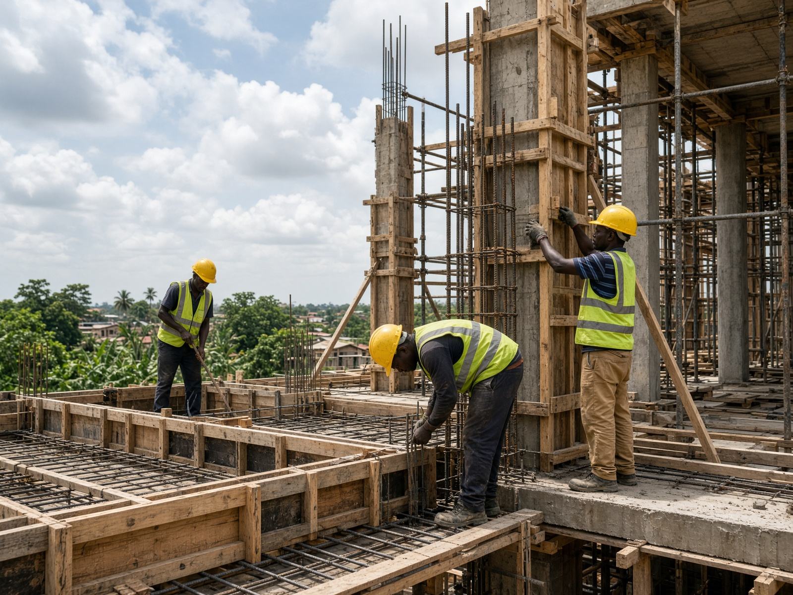 African carpenters assembling formwork around concrete columns on a building site