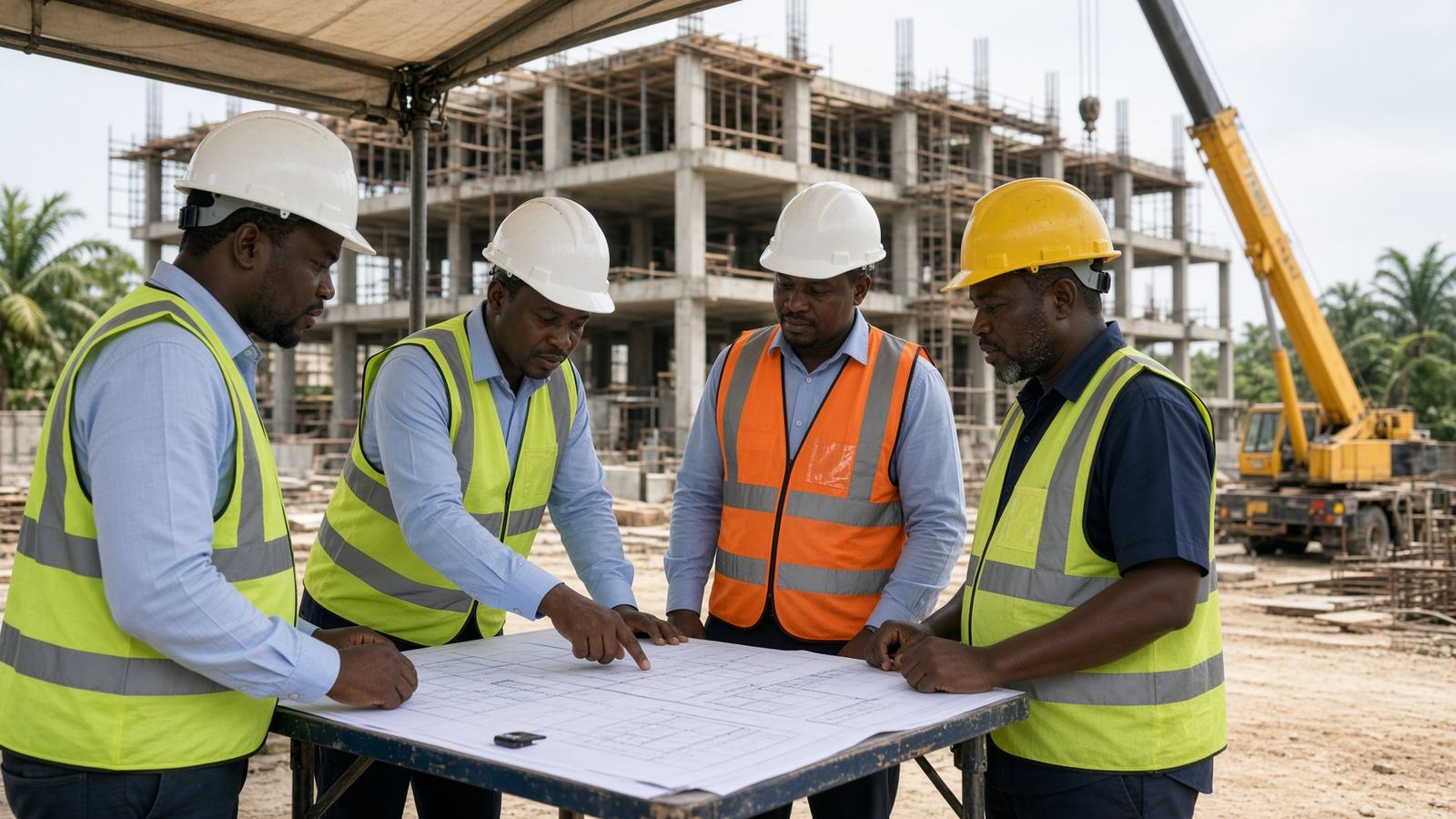 Project coordination meeting under a canopy on a Nigerian building site