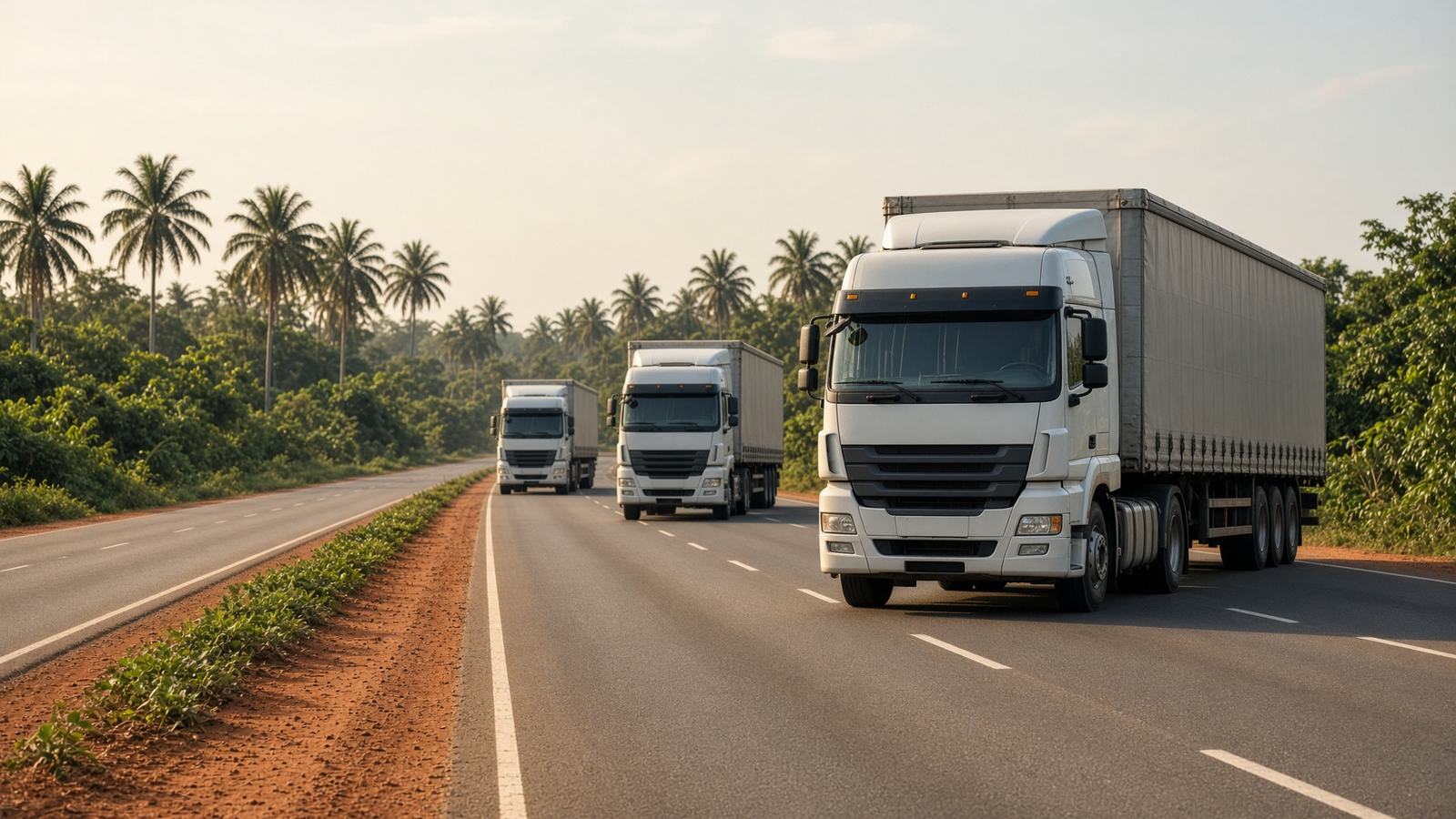 Covered haulage trucks on a Nigerian dual carriageway