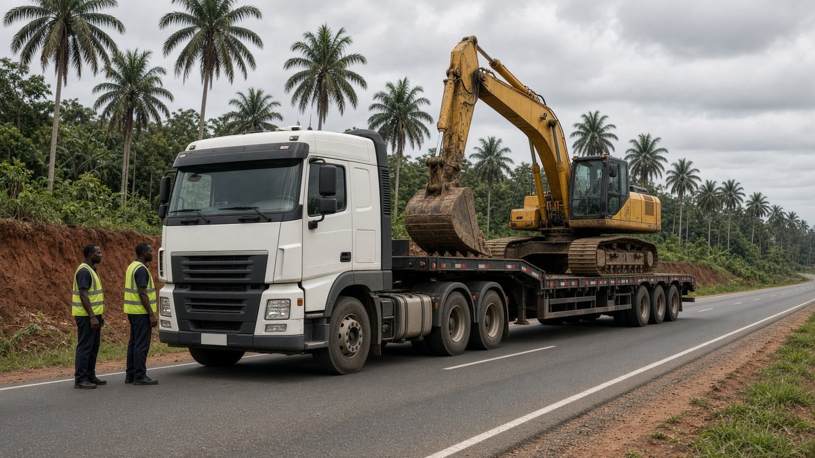 Low-bed trailer transporting an excavator on a Nigerian highway