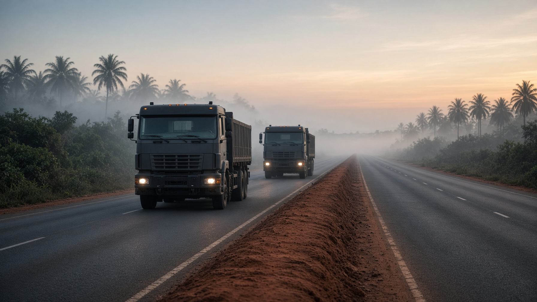 Heavy-duty haulage trucks on a Nigerian highway at dawn