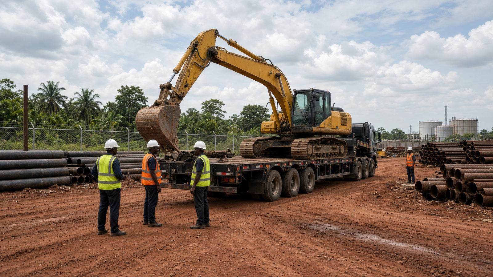 Industrial logistics yard in Nigeria with pipes, plant and personnel in PPE