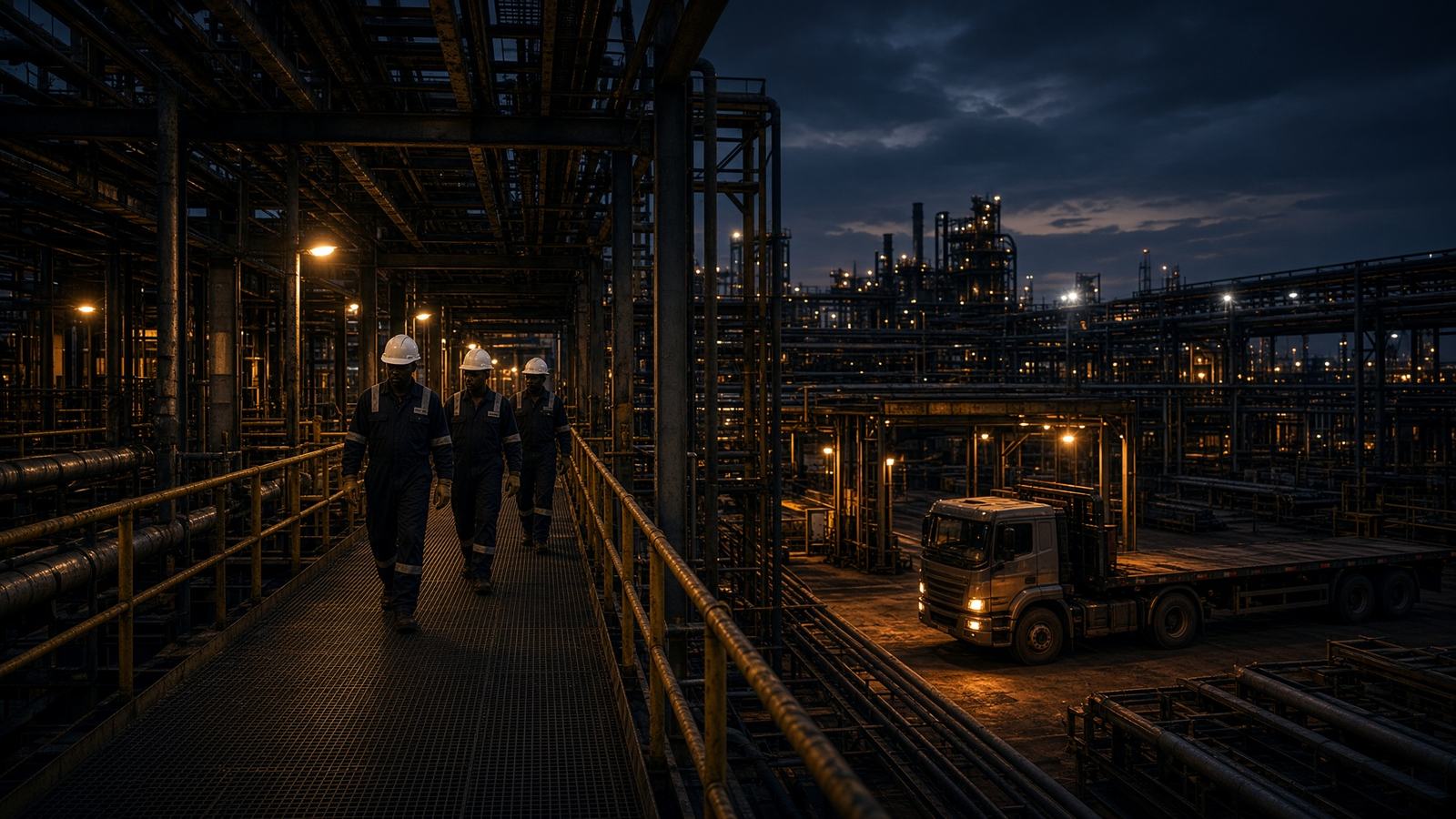 African technicians in PPE on an industrial oil and gas support walkway at dusk