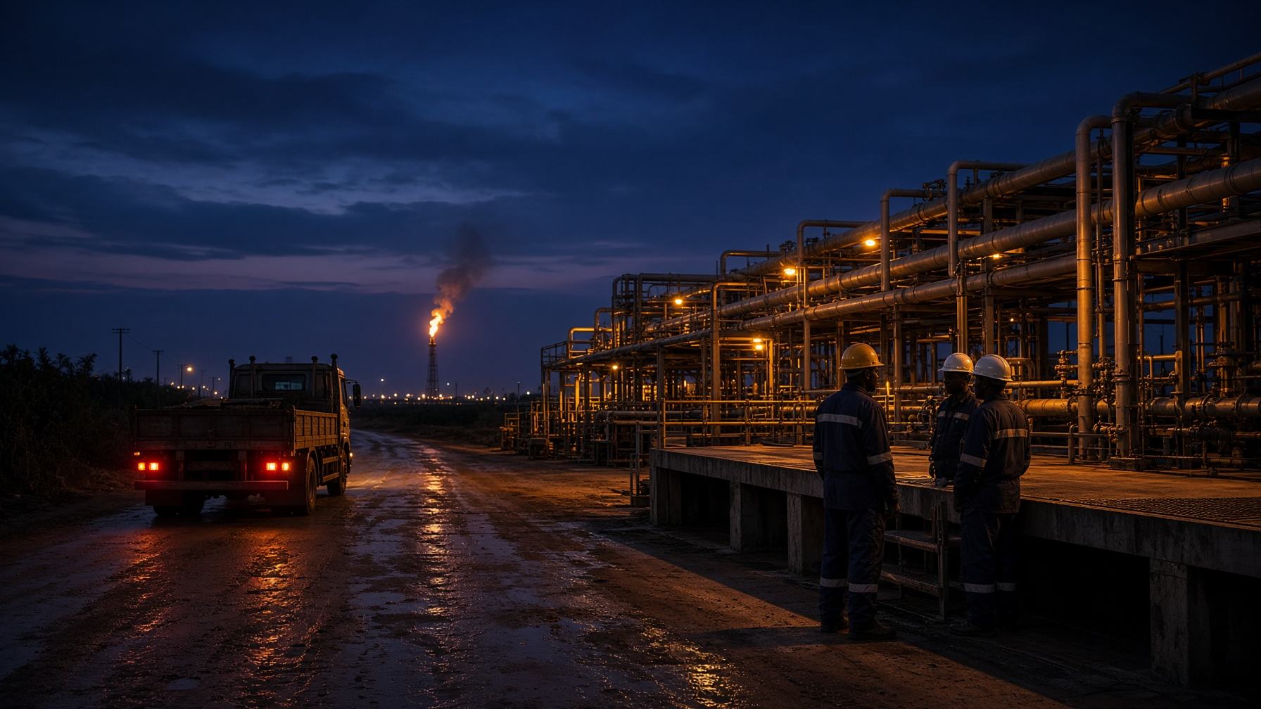 Industrial oil and gas facility in the Niger Delta at dusk with logistics activity on the access road