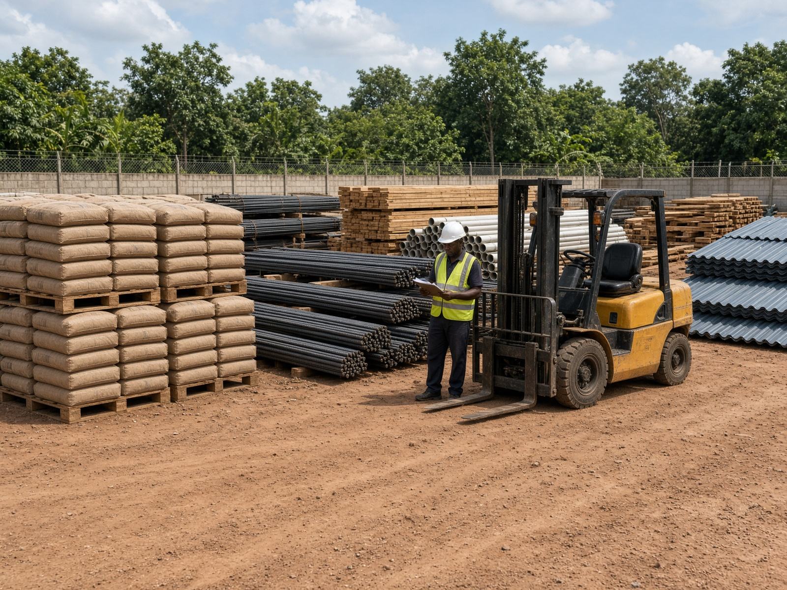 Construction materials yard with cement, steel and timber in Nigeria