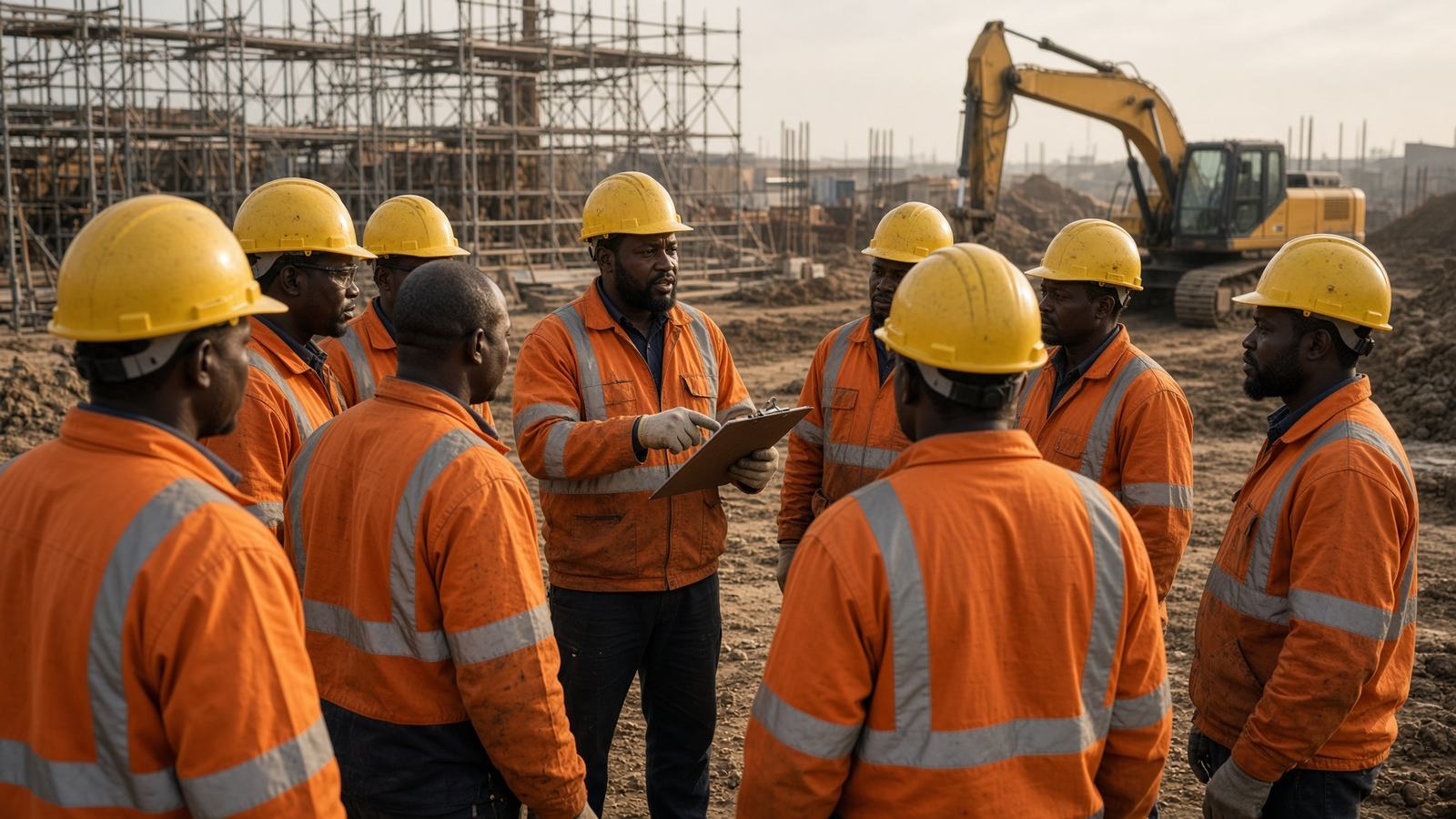 Safety briefing with African workers in hard hats and high-visibility jackets on a Nigerian construction site