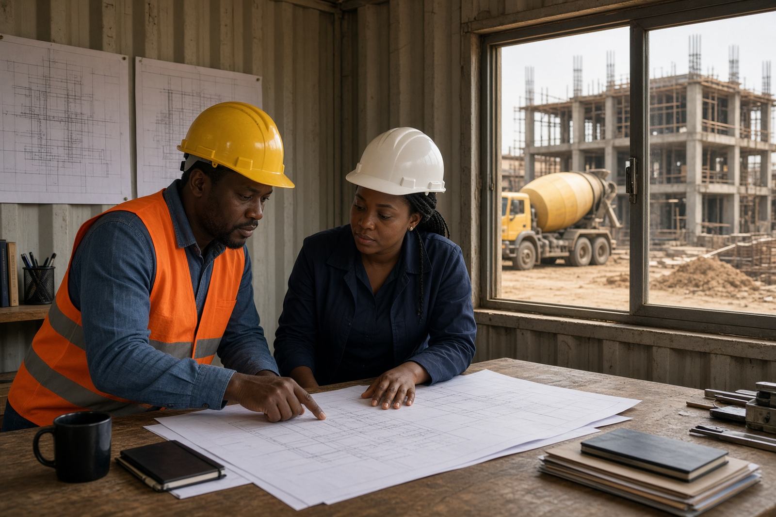 African engineers reviewing project drawings in a site office with trucks visible outside
